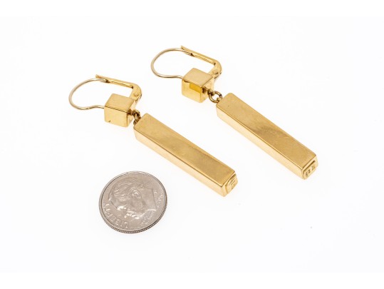 18k Yellow Gold Contemporary Block Motif Drop Pendant Earrings