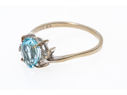 Fantastic Aquamarine And Diamond 14K White Gold Ring, Size 7+