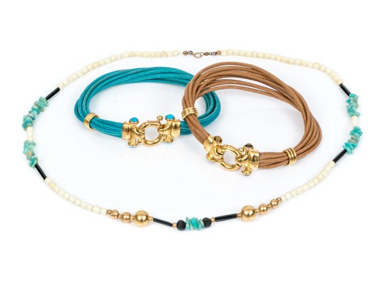 Lot Of Three Blue And Tan Jewelry Pieces, Including Two Cord Bracelets And A Beaded Necklace