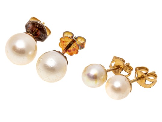 Two Pairs Of 14K Pearl Stud Classic Earrings
