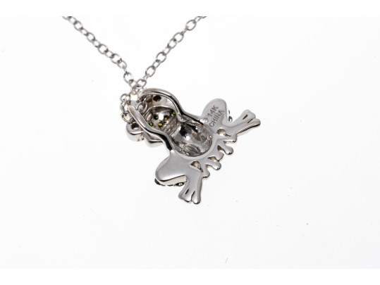 Charming Crowned Frog And Green Diamond Pendant With Sterling Chain Necklace