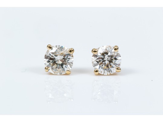 14k Yellow Gold Classic Round Brilliant Diamonds Stud Earrings, App. 0.52 TCW