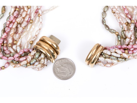 Fantastic 14K Multi Stranded Pink, Green And White Keshi Pearl Necklace