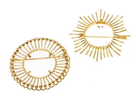 Two Radiating 14K Coin Holder Brooches