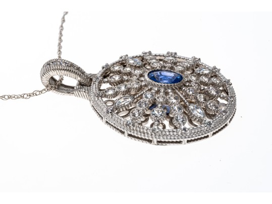 Sterling Blue And White Sapphire Disk Pendant Necklace