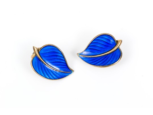 Sterling Norway Opposing Blue Enamel Leaf Clip Earrings