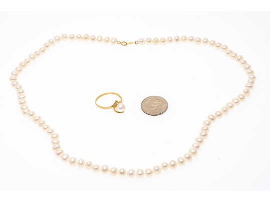 10K Freshwater Pearl Necklace And Ring, Size 5.75+