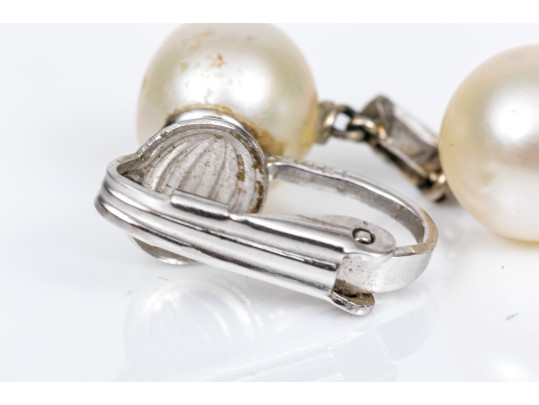 14k White Gold Vintage 8mm Cultured Pearl Drop Earrings With Baguette Diamond Accents