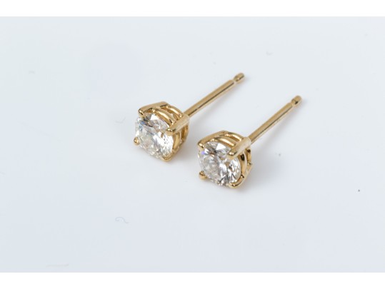 14k Yellow Gold Classic Round Brilliant Diamonds Stud Earrings, App. 0.52 TCW