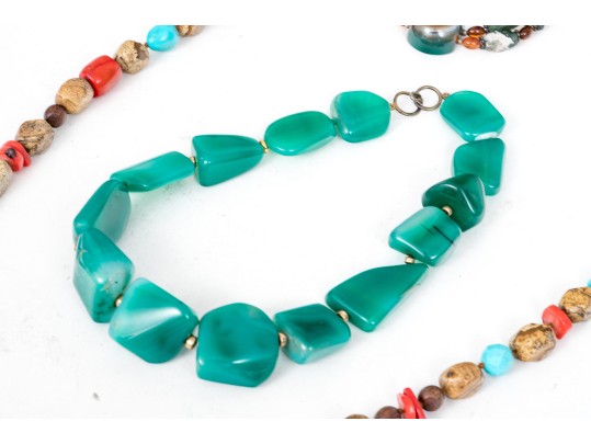 Collection Of Hard Stone Necklaces, Bracelet And Brooch