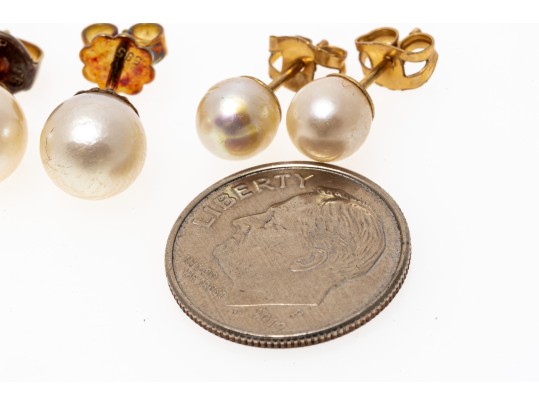 Two Pairs Of 14K Pearl Stud Classic Earrings