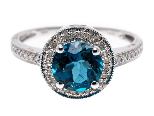 14K White Gold Beautiful London Blue Topaz & Diamond Halo RIng, Size 7