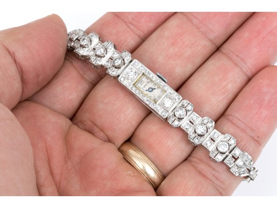 Antique 14K White Gold And Diamond Mechanical Watch