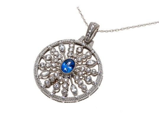 Sterling Blue And White Sapphire Disk Pendant Necklace