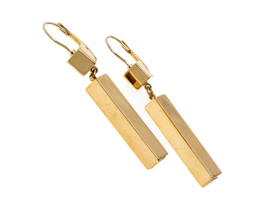 18k Yellow Gold Contemporary Block Motif Drop Pendant Earrings