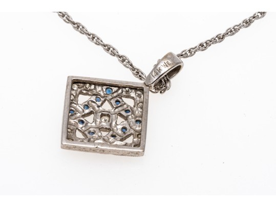 14K White Gold Diamond And Sapphire Lozenge Pendant And Chain