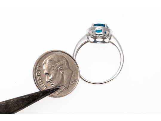 14K White Gold Beautiful London Blue Topaz & Diamond Halo RIng, Size 7