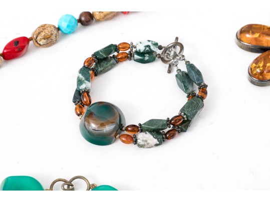 Collection Of Hard Stone Necklaces, Bracelet And Brooch