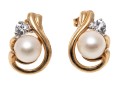14k Yellow Gold Retro 6.5 Mm Cultured Pearl And White Sapphire Swirl Earrings