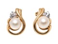 14k Yellow Gold Retro 6.5 Mm Cultured Pearl And White Sapphire Swirl Earrings