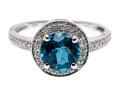 14K White Gold Beautiful London Blue Topaz & Diamond Halo RIng, Size 7