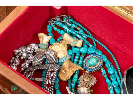 Finders Lot, Marquetry Inlaid Musical Jewelry Box With Assorted Costume Jewelry