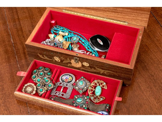 Finders Lot, Marquetry Inlaid Musical Jewelry Box With Assorted Costume Jewelry