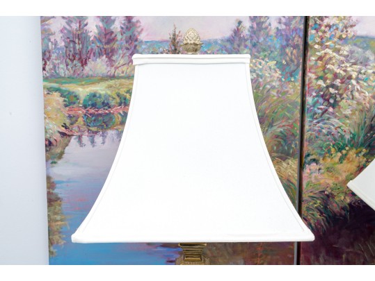 Amazing Pair Of Brass Table Lamps With Shades