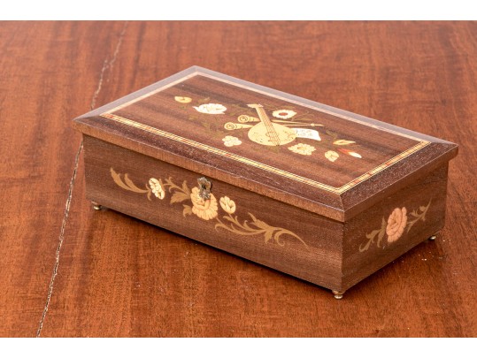 Finders Lot, Marquetry Inlaid Musical Jewelry Box With Assorted Costume Jewelry