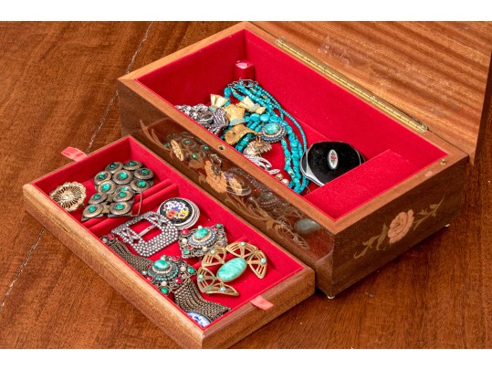 Finders Lot, Marquetry Inlaid Musical Jewelry Box With Assorted Costume Jewelry