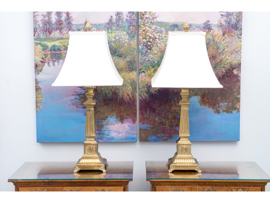 Amazing Pair Of Brass Table Lamps With Shades
