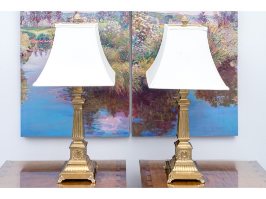 Amazing Pair Of Brass Table Lamps With Shades