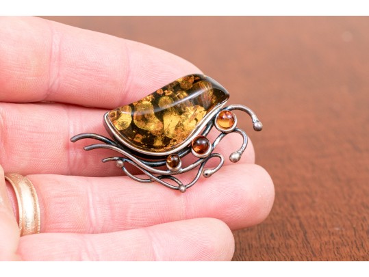 Collection Of Amber Mounted Sterling Jewelry