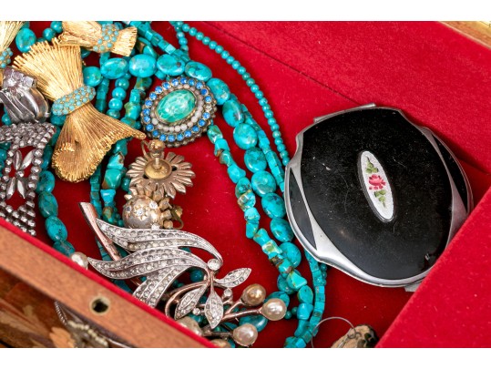 Finders Lot, Marquetry Inlaid Musical Jewelry Box With Assorted Costume Jewelry