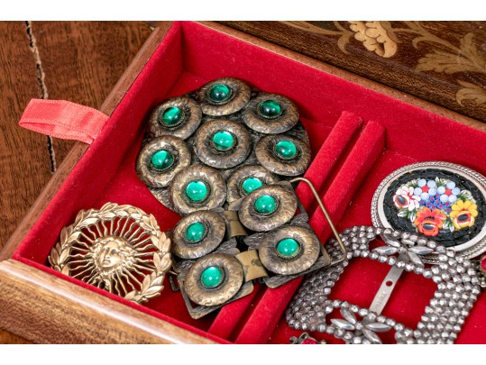 Finders Lot, Marquetry Inlaid Musical Jewelry Box With Assorted Costume Jewelry