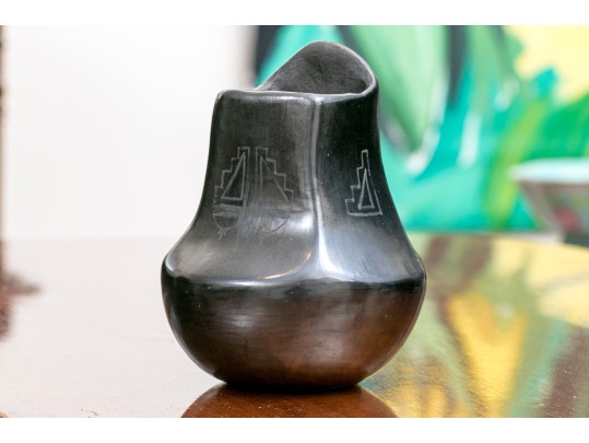 Vintage Santa Clara Style Pottery Vase With Black Glaze
