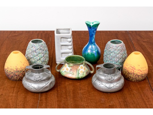 9 Piece Collection Of Modern Mixed Media Table Wares And Pair Of Glass Shades