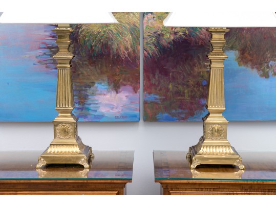 Amazing Pair Of Brass Table Lamps With Shades