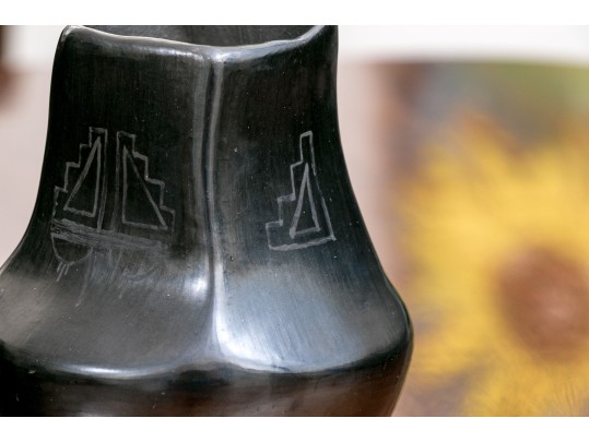 Vintage Santa Clara Style Pottery Vase With Black Glaze