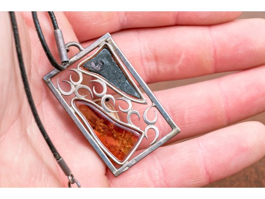 Collection Of Amber Mounted Sterling Jewelry