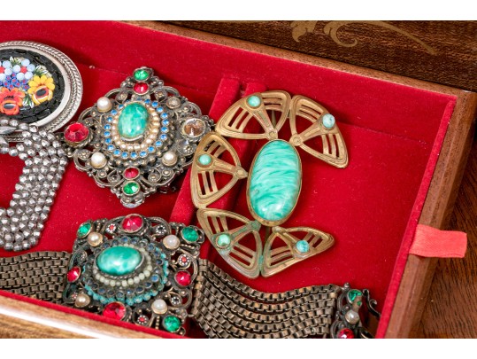 Finders Lot, Marquetry Inlaid Musical Jewelry Box With Assorted Costume Jewelry