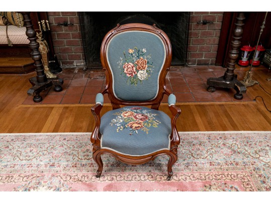 Distinguished Victorian Needlepoint Carved Armchair 