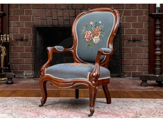 Distinguished Victorian Needlepoint Carved Armchair 