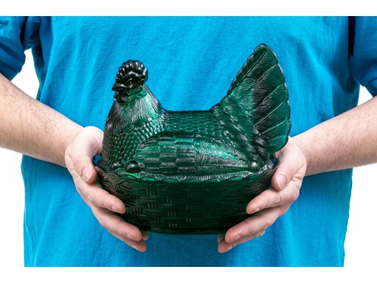 Fantastic Moulded Glass Turkey Form Covered Bowl