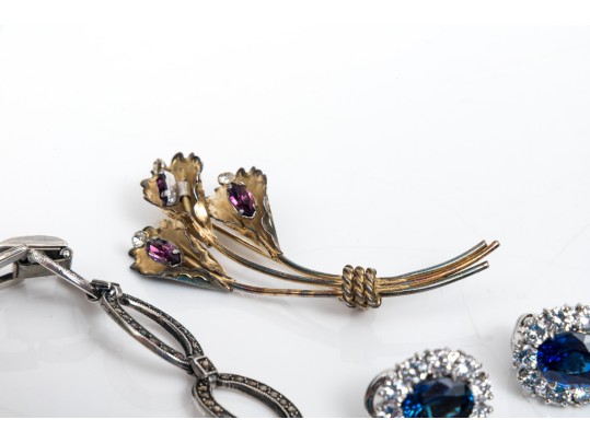 Collection Of Sterling Bracelet, Earrings And Floral Brooch