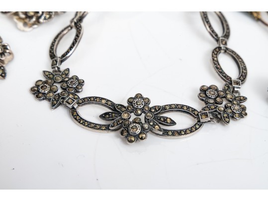 Collection Of Sterling Bracelet, Earrings And Floral Brooch