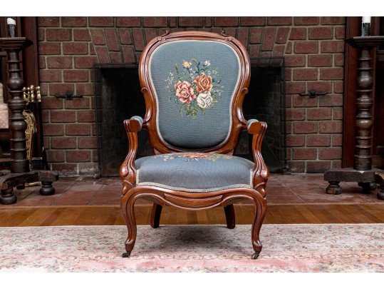 Distinguished Victorian Needlepoint Carved Armchair 