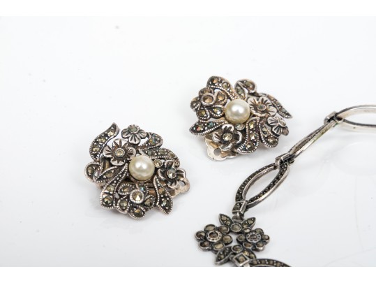 Collection Of Sterling Bracelet, Earrings And Floral Brooch