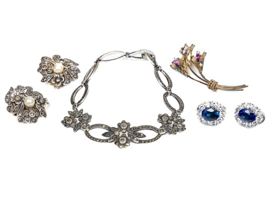 Collection Of Sterling Bracelet, Earrings And Floral Brooch