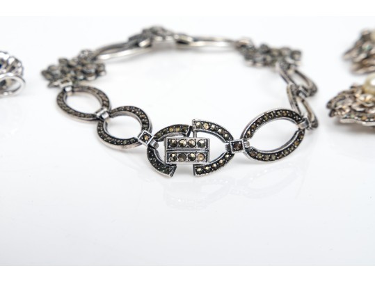 Collection Of Sterling Bracelet, Earrings And Floral Brooch